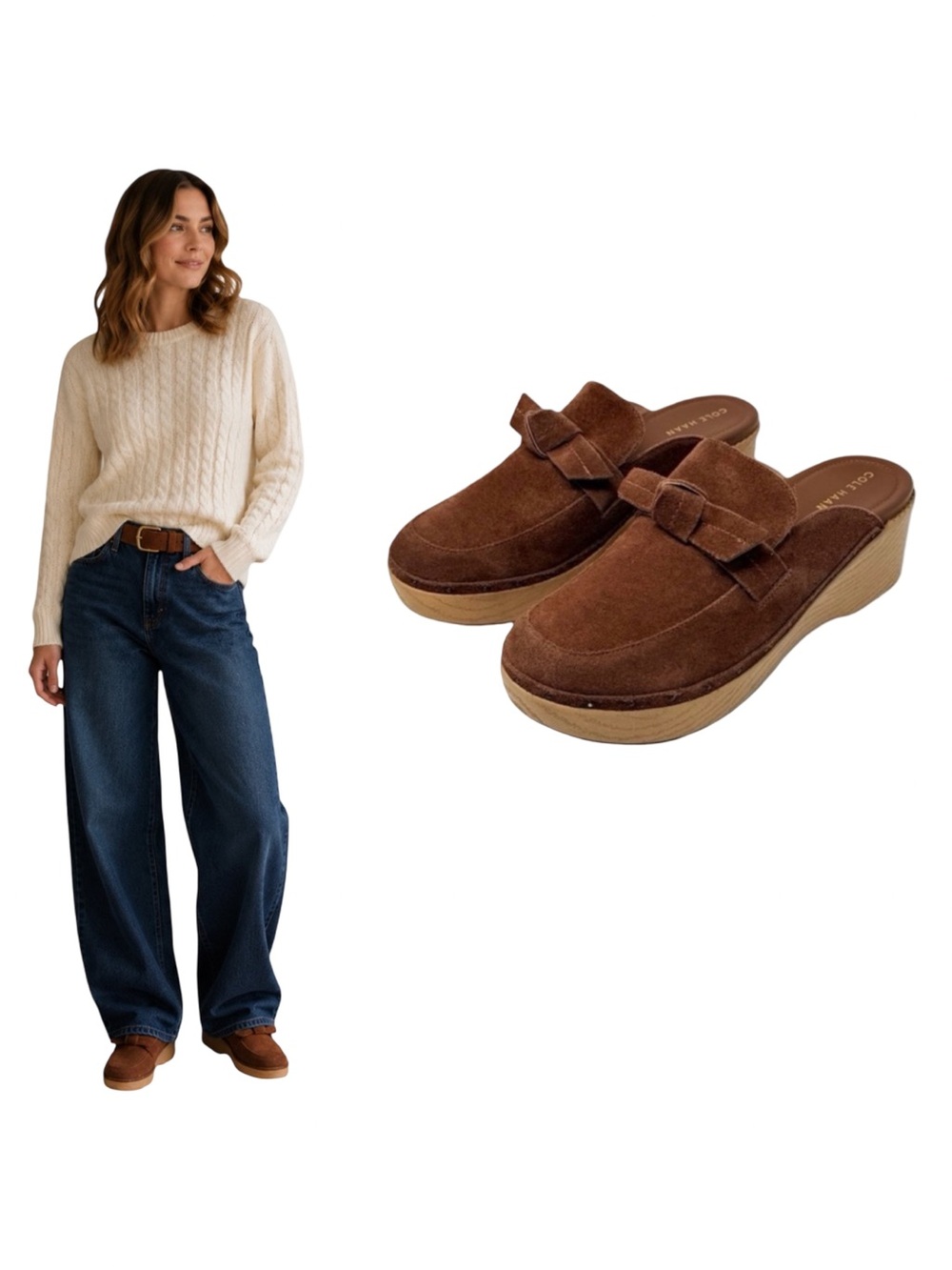 Anthropologie Cole Haan All Day Bow Clog Size 10.5 Sequoia Brown Suede Neutral